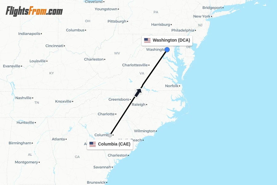 Flights from Columbia to Washington route map