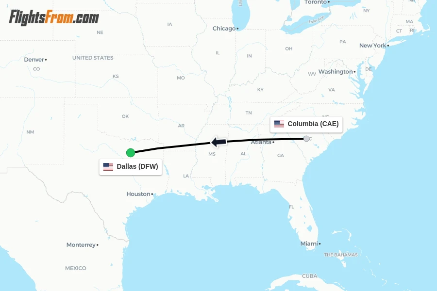 Flights from Columbia to Dallas route map