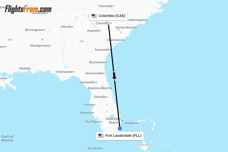 Flights from Columbia to Fort Lauderdale route map