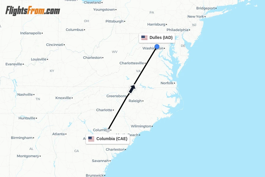 Flights from Columbia to Dulles route map