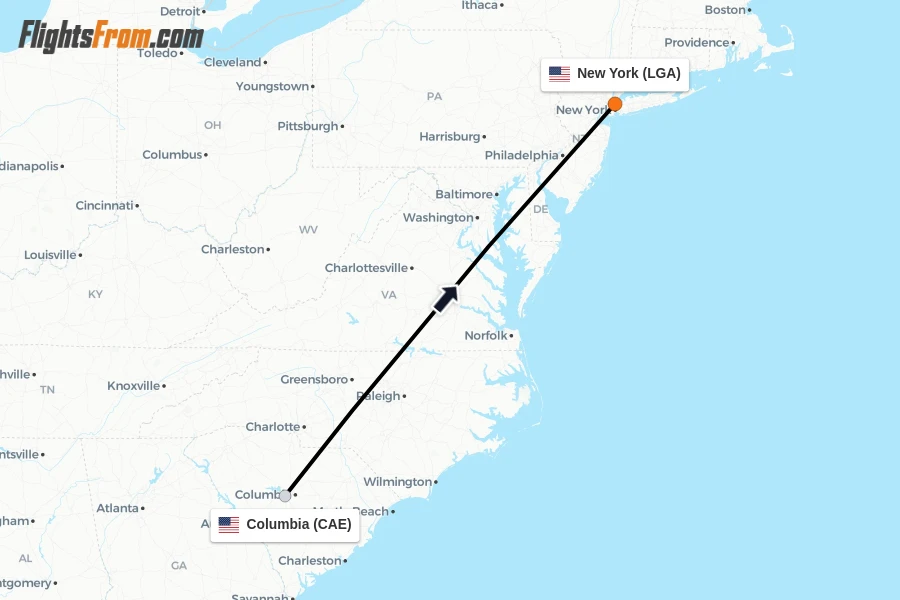 Flights from Columbia to New York route map
