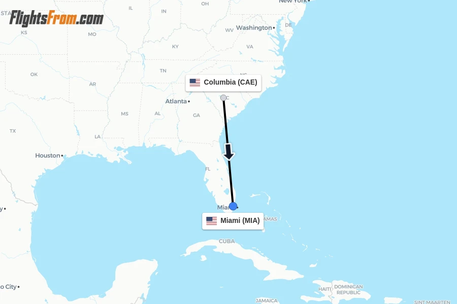Flights from Columbia to Miami route map