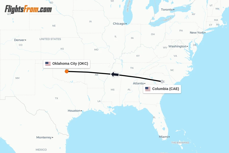 Flights from Columbia to Oklahoma City route map