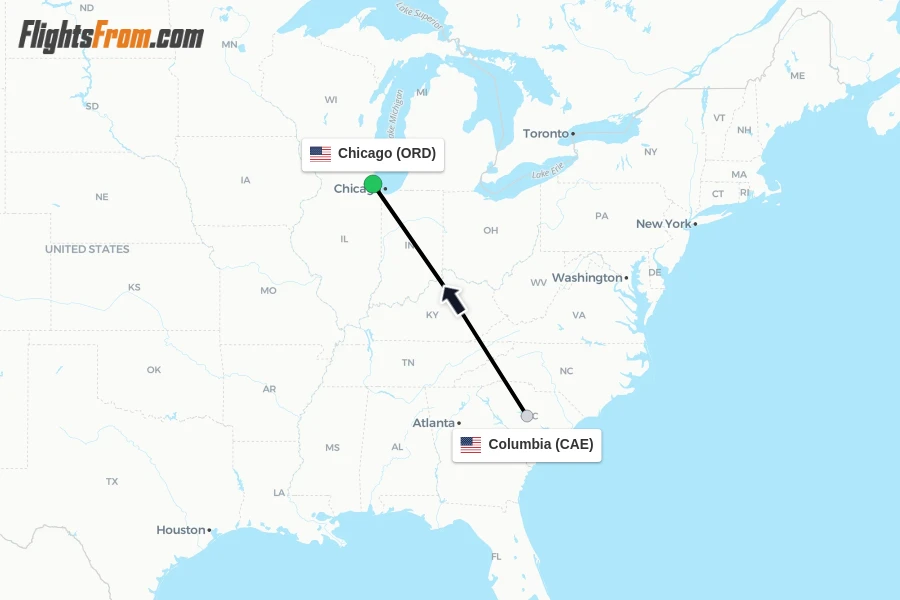 Flights from Columbia to Chicago route map