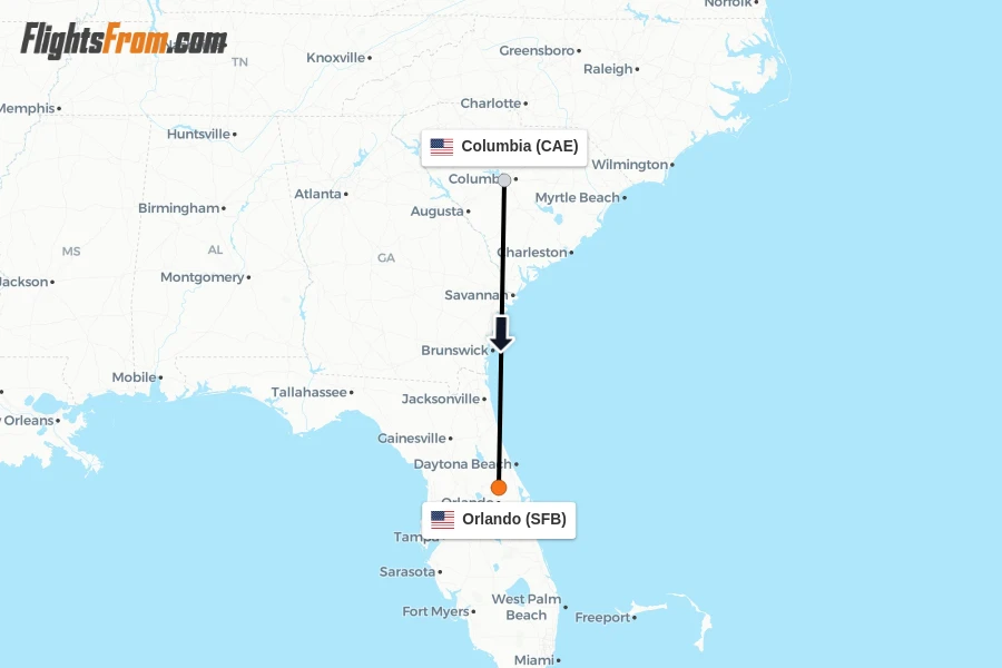 Flights from Columbia to Orlando route map