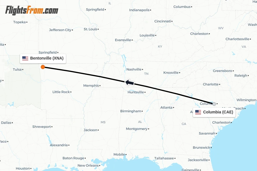 Flights from Columbia to Bentonville route map