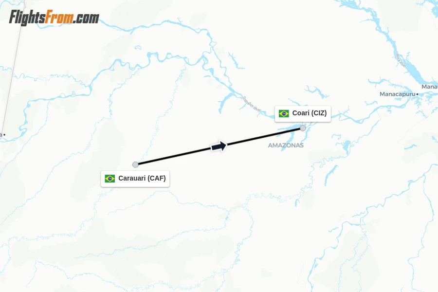 Flights from Carauari to Coari route map