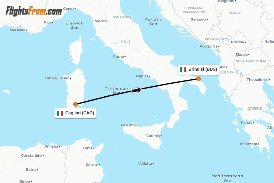 Flights from Cagliari to Brindisi route map