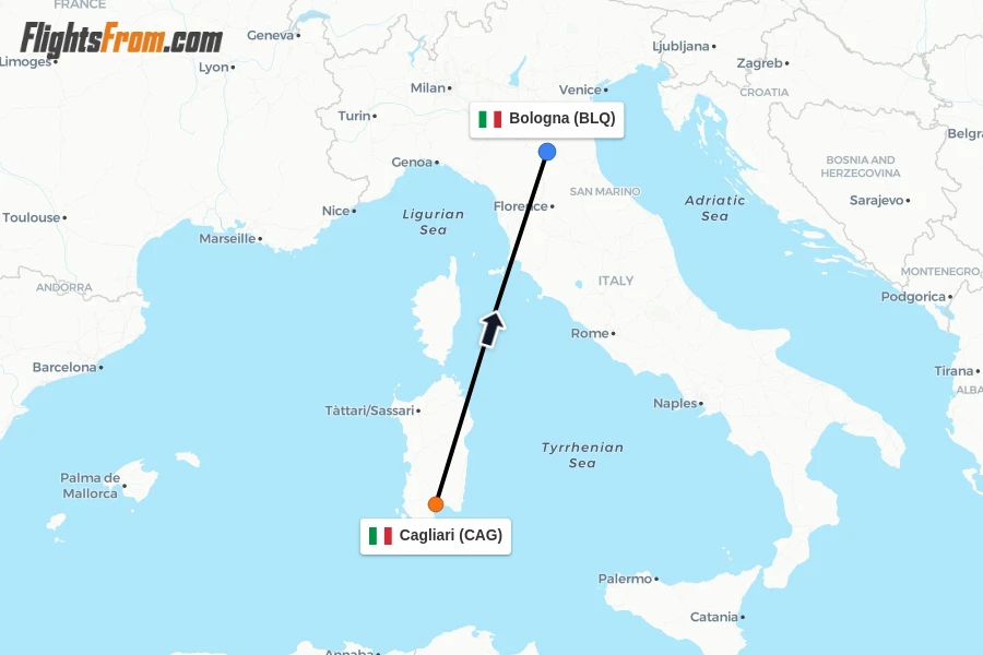 Flights from Cagliari to Bologna route map
