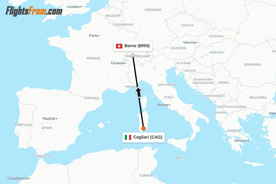 Flights from Cagliari to Berne route map
