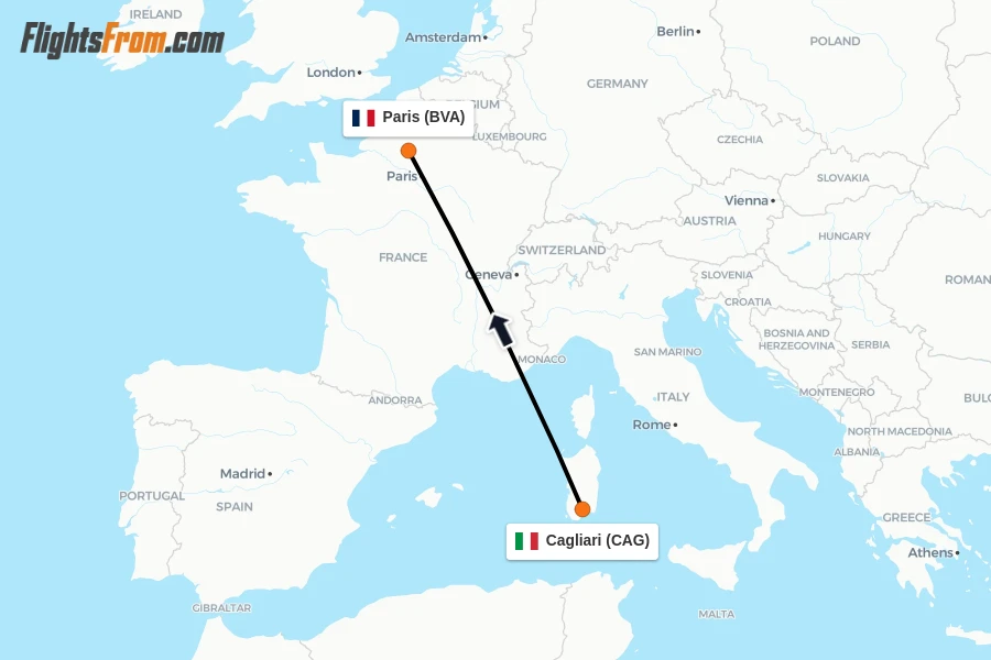 Flights from Cagliari to Paris route map