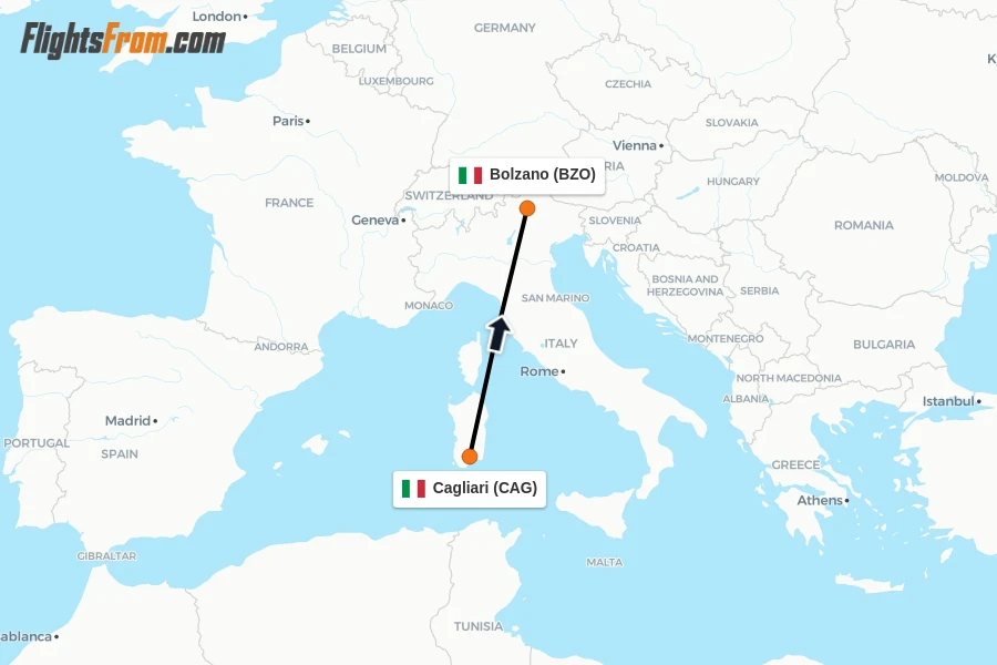 Flights from Cagliari to Bolzano route map