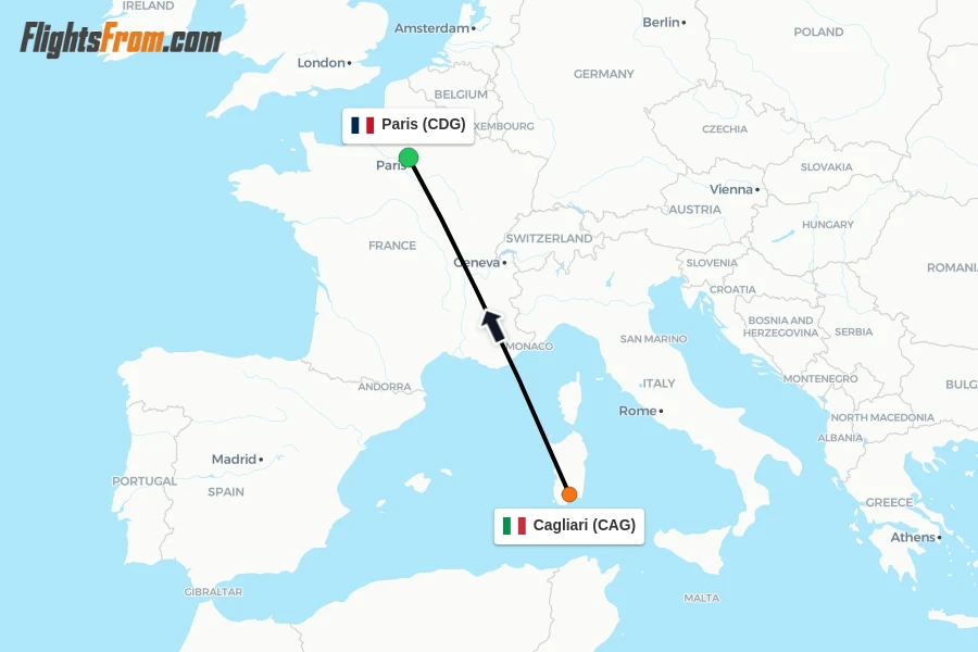 Flights from Cagliari to Paris route map