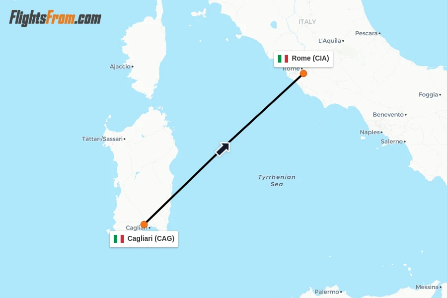 Flights from Cagliari to Rome route map