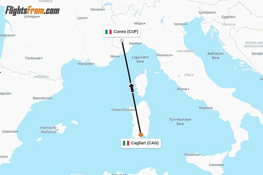 Flights from Cagliari to Cuneo route map