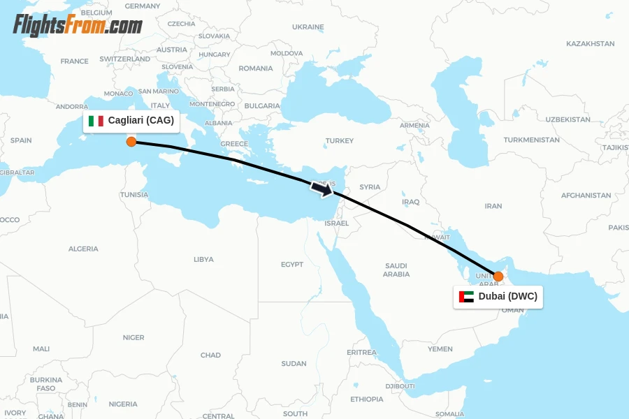 Flights from Cagliari to Dubai route map