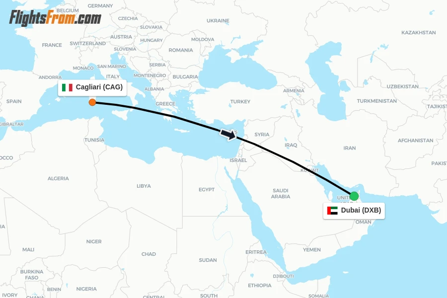 Flights from Cagliari to Dubai route map