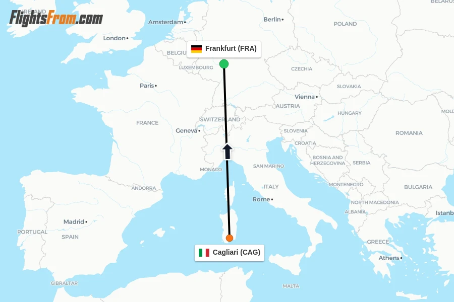 Flights from Cagliari to Frankfurt route map