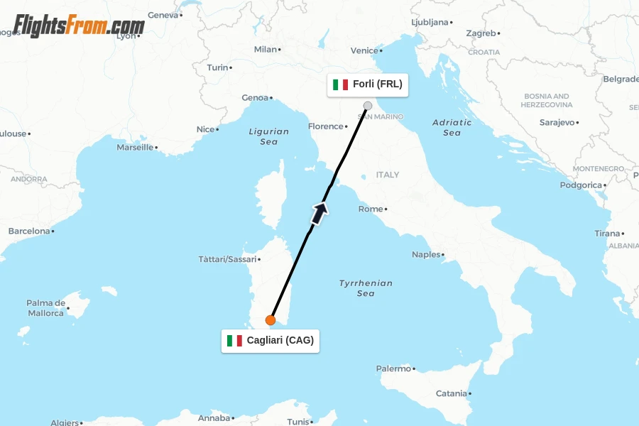 Flights from Cagliari to Forli route map