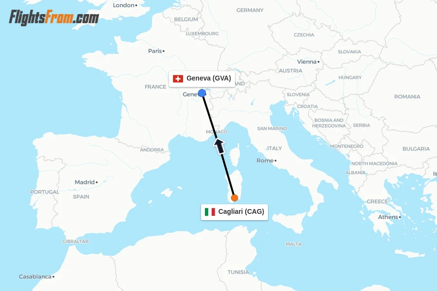 Flights from Cagliari to Geneva route map