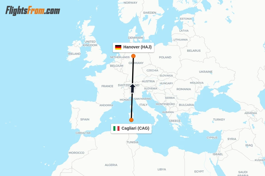 Flights from Cagliari to Hanover route map