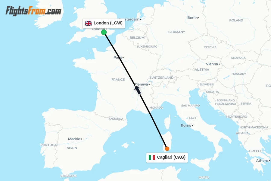 Flights from Cagliari to London route map
