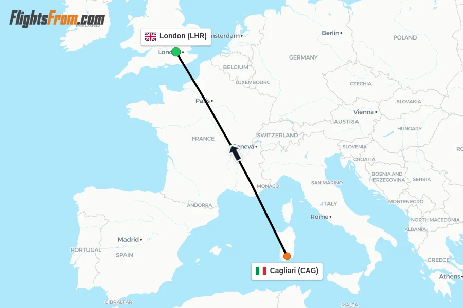 Flights from Cagliari to London route map