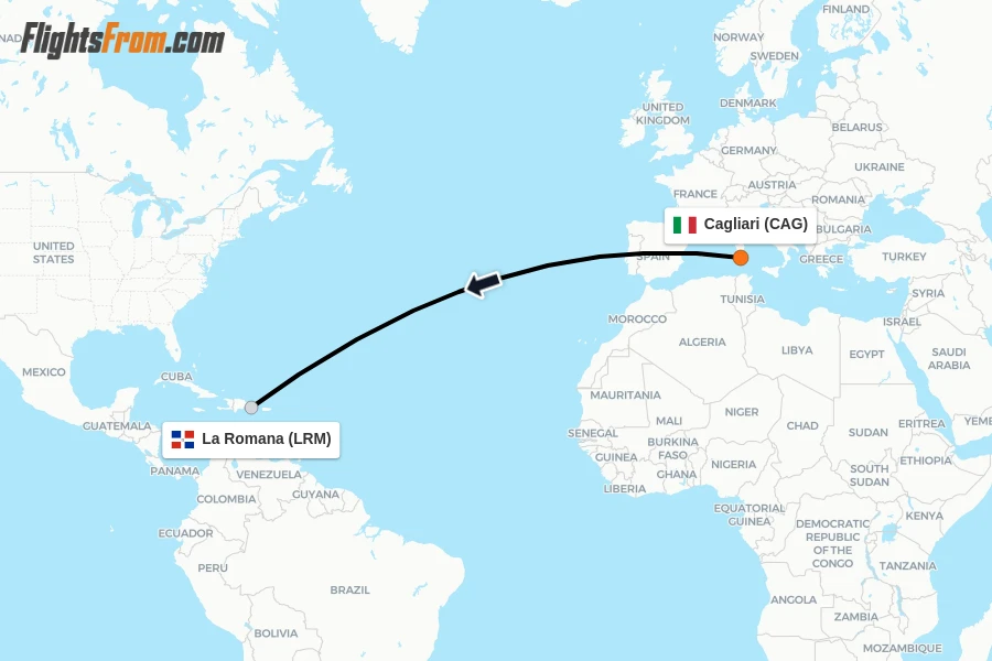 Flights from Cagliari to La Romana route map