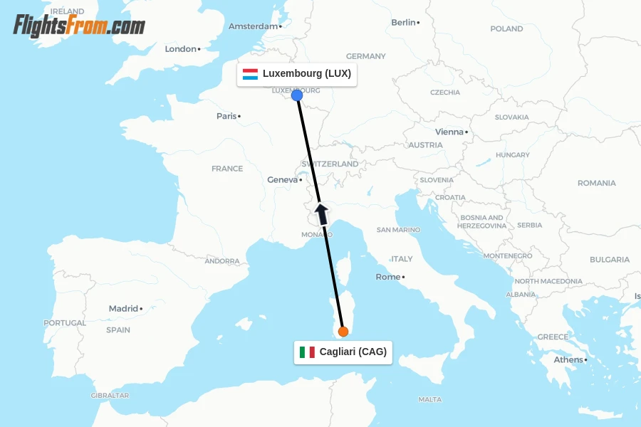 Flights from Cagliari to Luxembourg route map