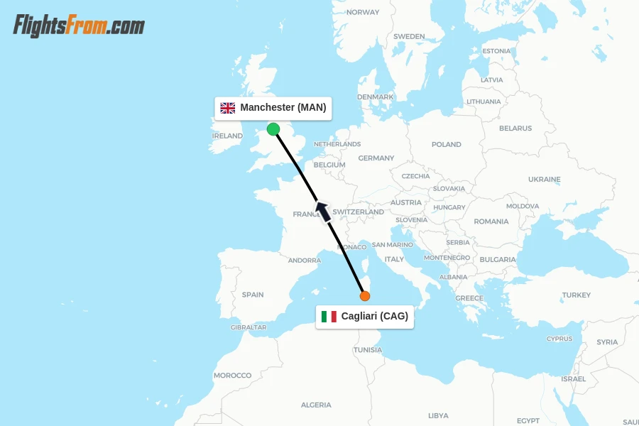 Flights from Cagliari to Manchester route map