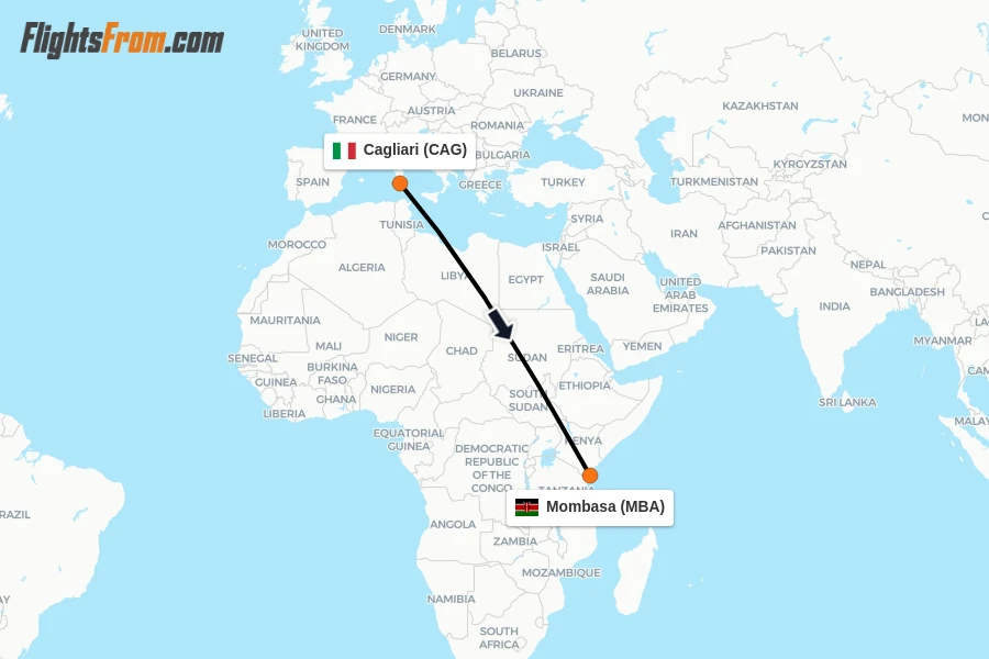 Flights from Cagliari to Mombasa route map