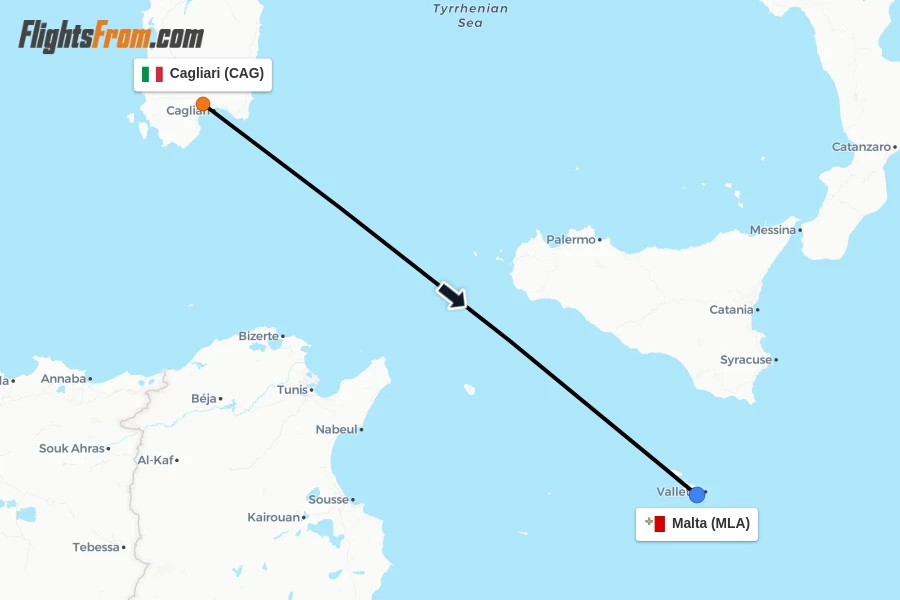 Flights from Cagliari to Malta route map