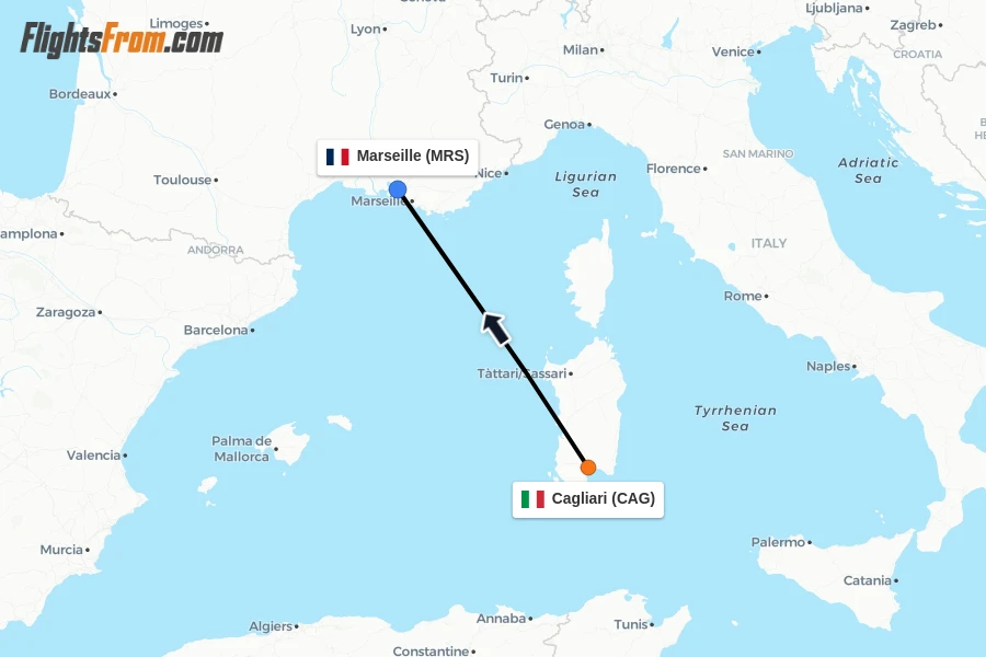 Flights from Cagliari to Marseille route map