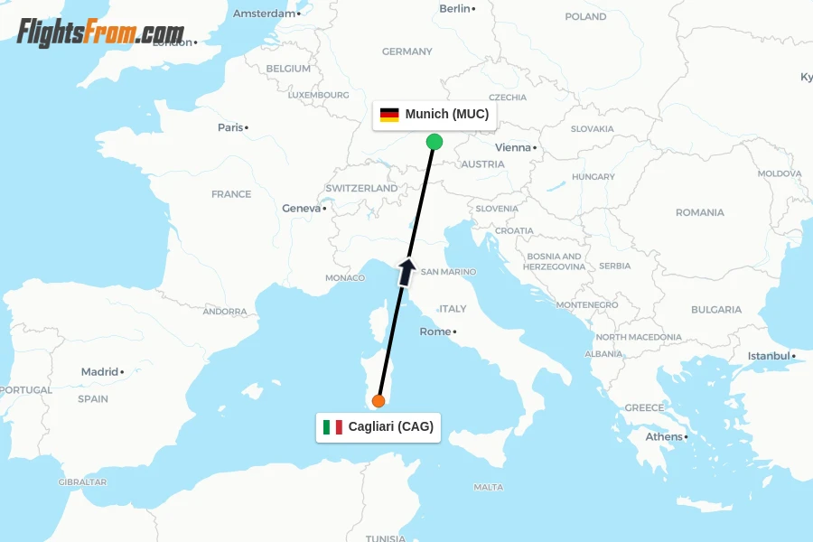 Flights from Cagliari to Munich route map