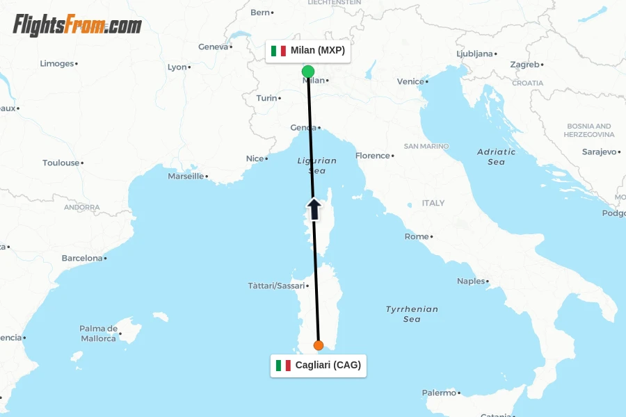 Flights from Cagliari to Milan route map