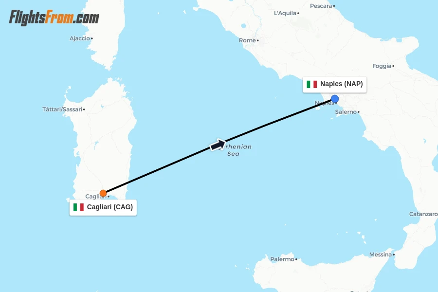Flights from Cagliari to Naples route map