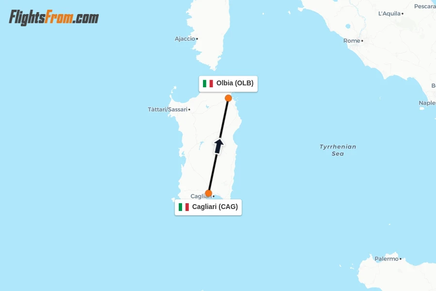 Flights from Cagliari to Olbia route map