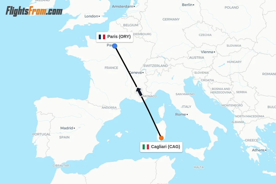 Flights from Cagliari to Paris route map