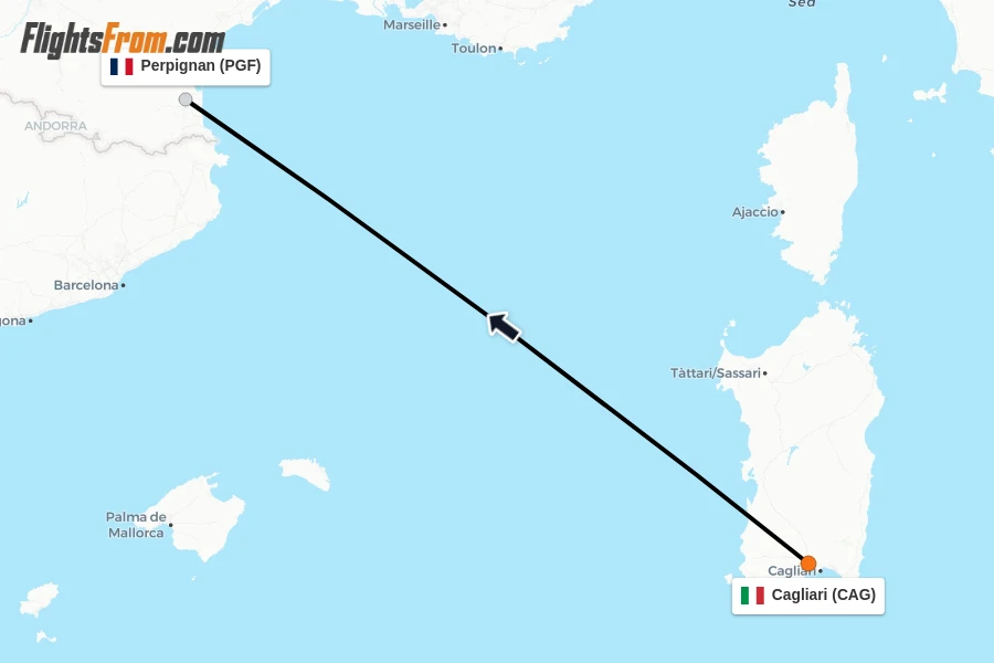 Flights from Cagliari to Perpignan route map