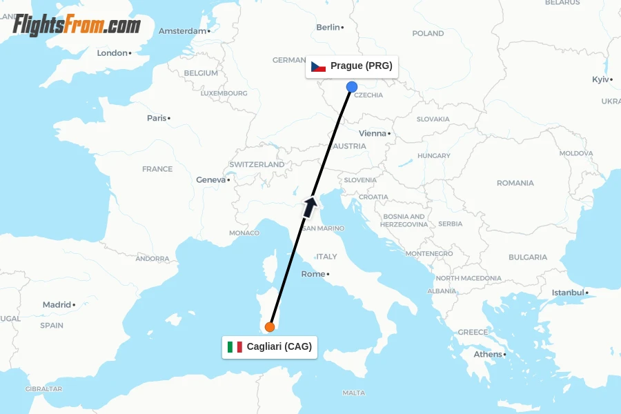 Flights from Cagliari to Prague route map
