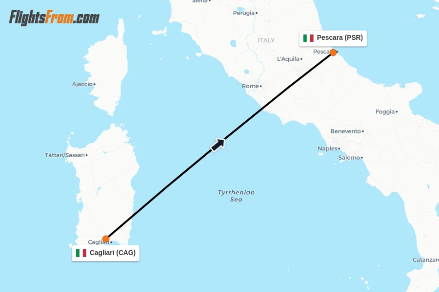 Flights from Cagliari to Pescara route map