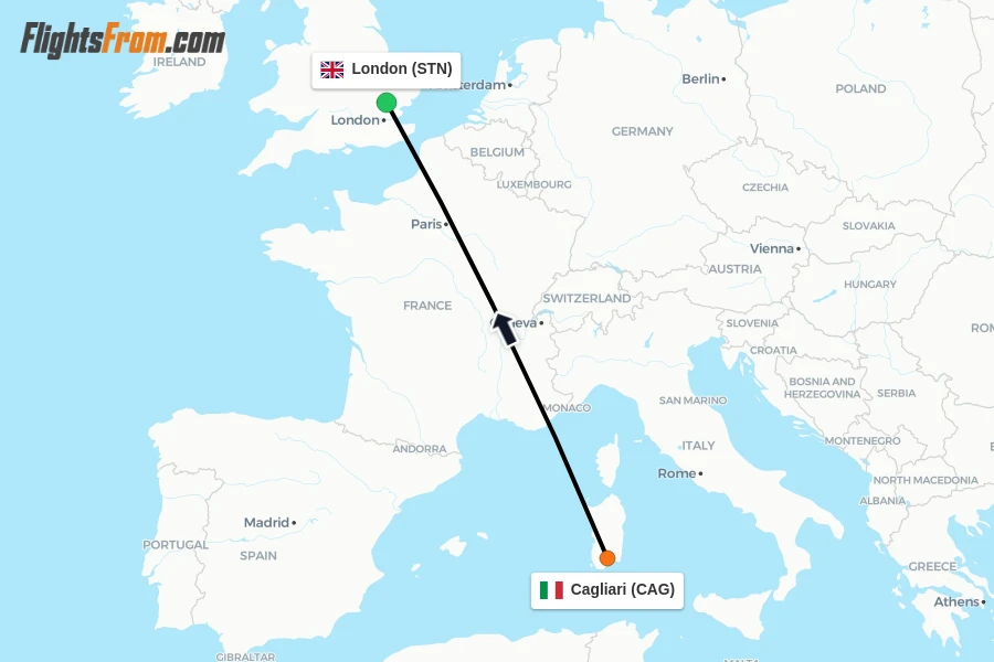 Flights from Cagliari to London route map