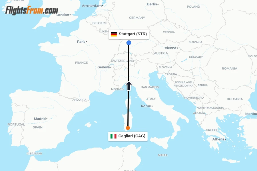 Flights from Cagliari to Stuttgart route map