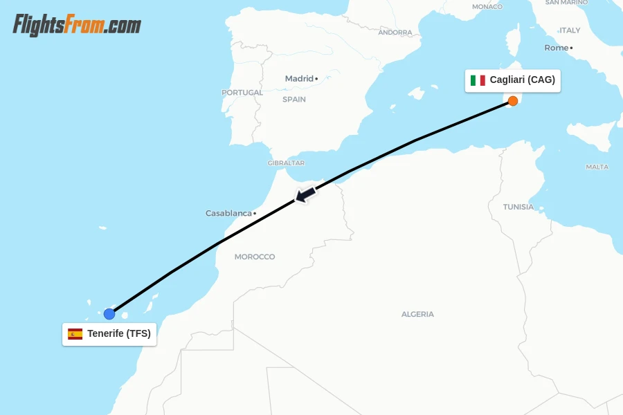 Flights from Cagliari to Tenerife route map