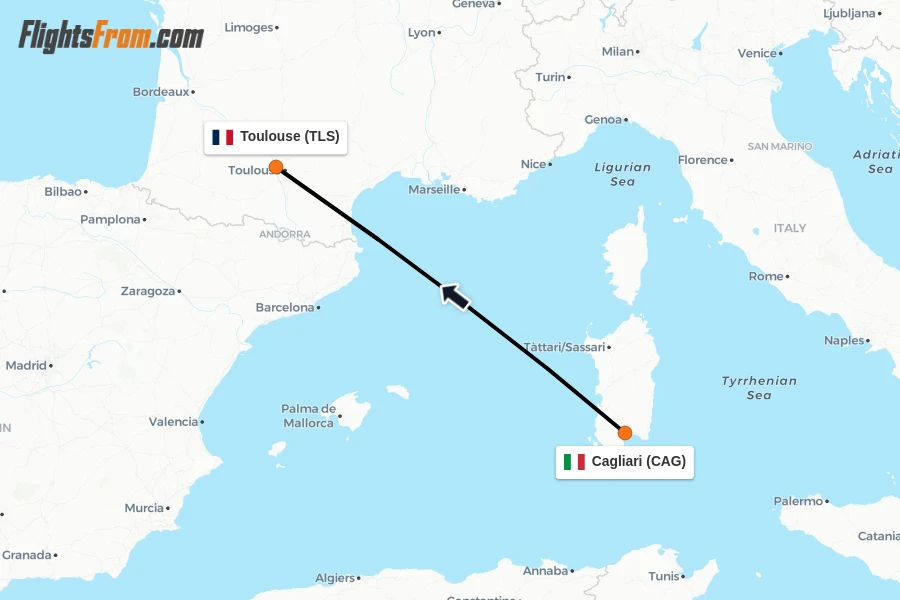 Flights from Cagliari to Toulouse route map