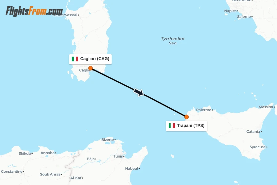 Flights from Cagliari to Trapani route map