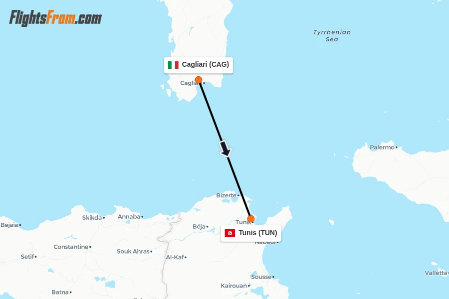 Flights from Cagliari to Tunis route map