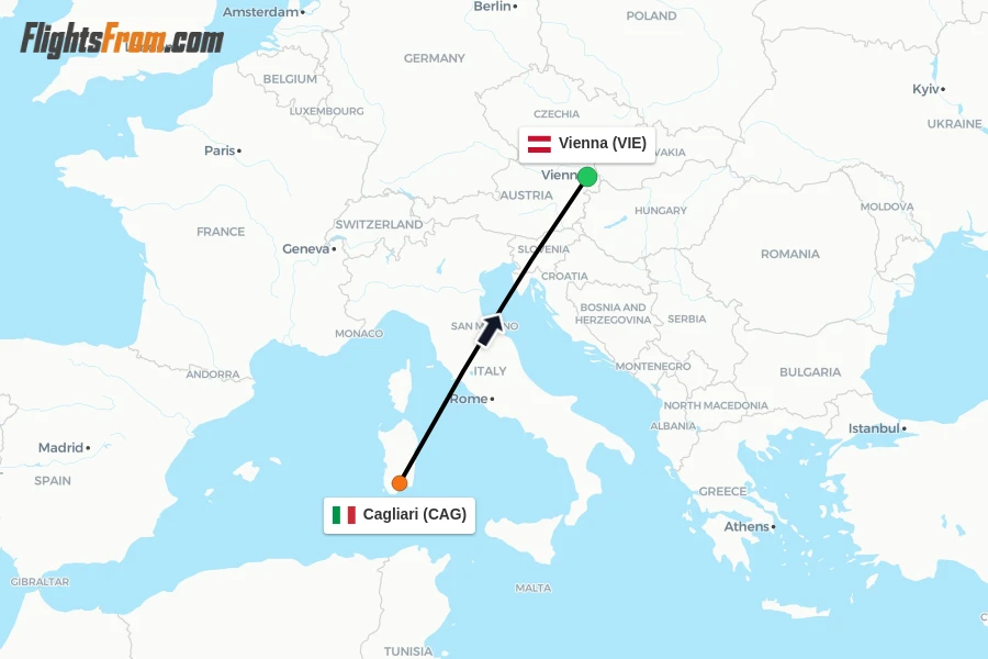 Flights from Cagliari to Vienna route map