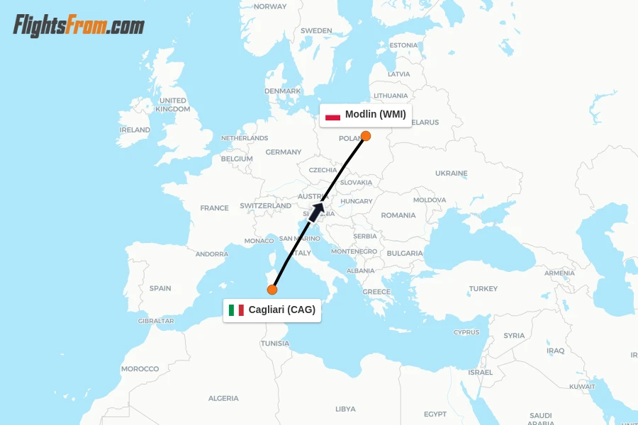 Flights from Cagliari to Modlin route map