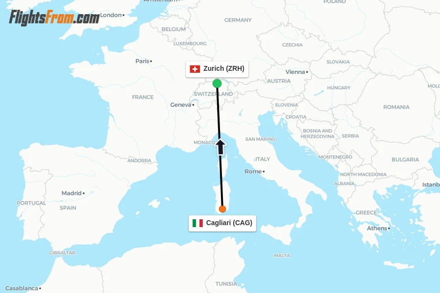 Flights from Cagliari to Zurich route map